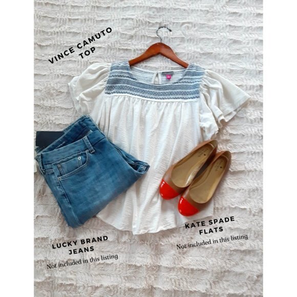 Vince Camuto Flutter Sleeve Peasant Top Size L Boho Chic Embroidered Cotton - Picture 3 of 9